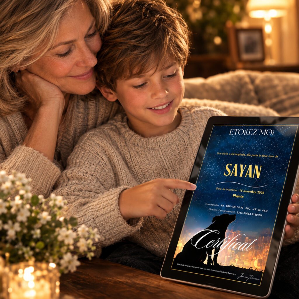 Mère et fils qui regardent sur une tablette le certificat d'étoile numérique de leur chien