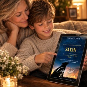 Mère et fils qui regardent sur une tablette le certificat d'étoile numérique de leur chien