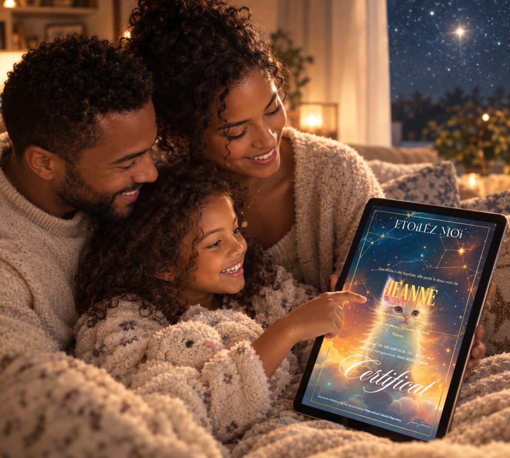 Parents et fille blottis devant une tablette qui affiche le certificat d'étoile de leur chat