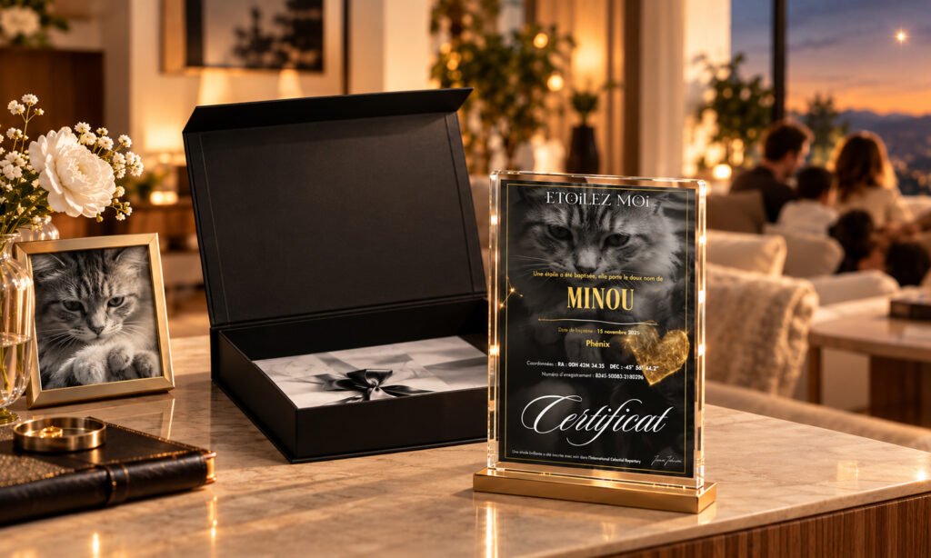 Coffret noir ouvert dans un salon, près du certificat d'étoile et de la photo du chat