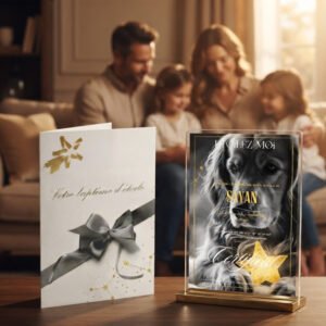 Famille réunie sur le canapé, la pochette et le certificat d'étoile de leur chien posés sur la table