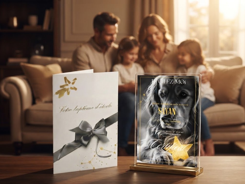Famille réunie sur le canapé, la pochette et le certificat d'étoile de leur chien posés sur la table