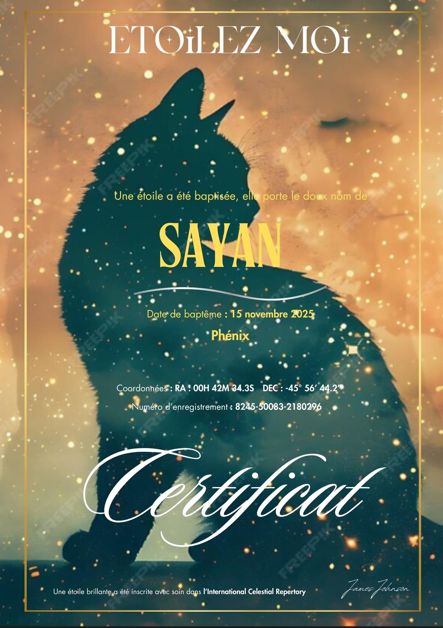 Certificat de baptême d'étoile illustré d'une silhouette de chat remplie d'étoiles, sur un ciel doré