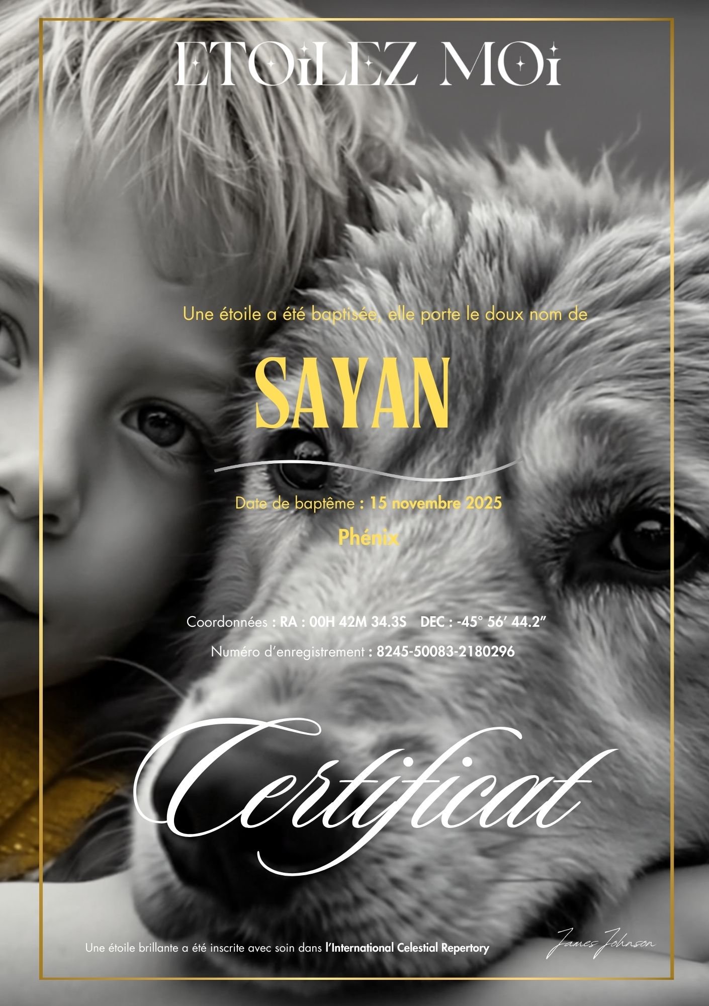 Certificat de baptême d'étoile illustré d'un enfant blotti contre son chien, en noir et blanc