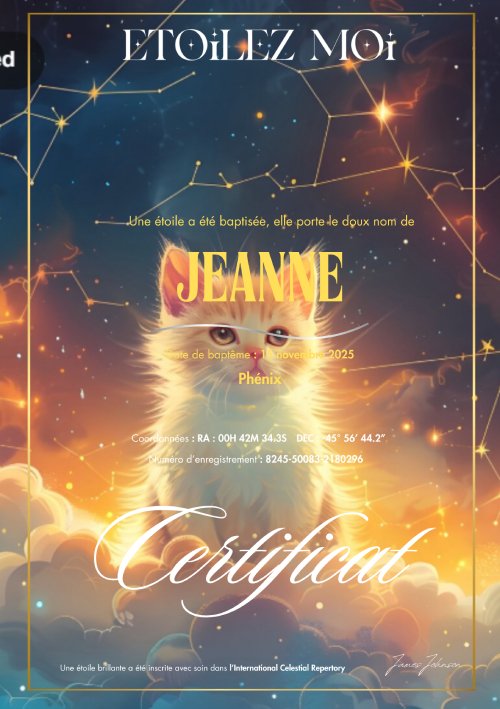 Certificat de baptême d'étoile illustré d'un chaton roux sous un ciel de constellations et de nuages dorés