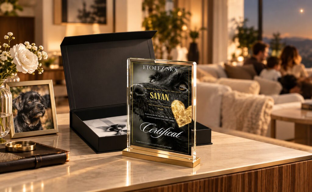 Coffret noir ouvert dans un salon, avec le certificat d'étoile au cœur doré et la photo du chien