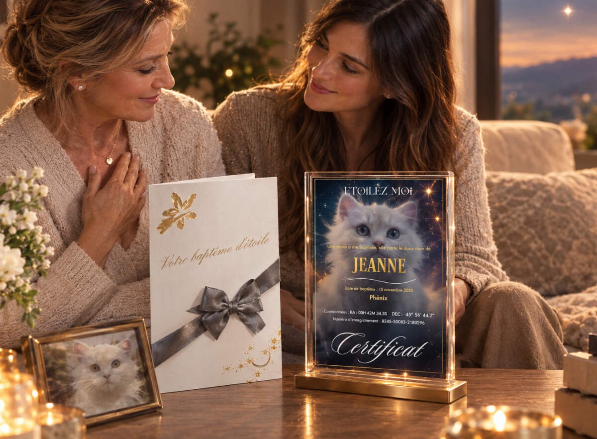 Deux femmes émues devant la pochette et le certificat d'étoile de leur chat blanc