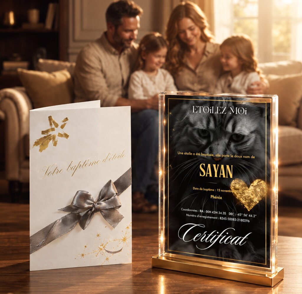 Famille sur le canapé, avec la pochette et le certificat d'étoile de leur chat au premier plan