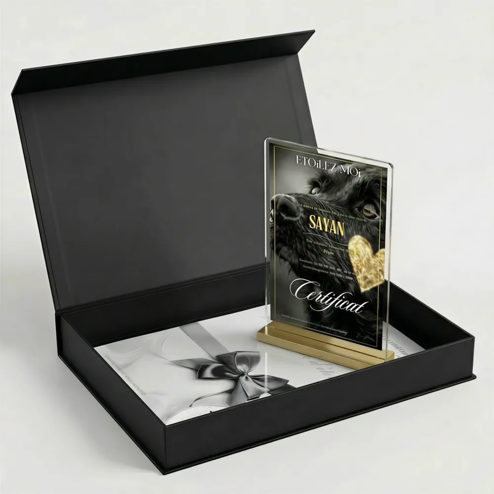 Coffret noir ouvert avec le certificat d'étoile en verre illustré d'un chien