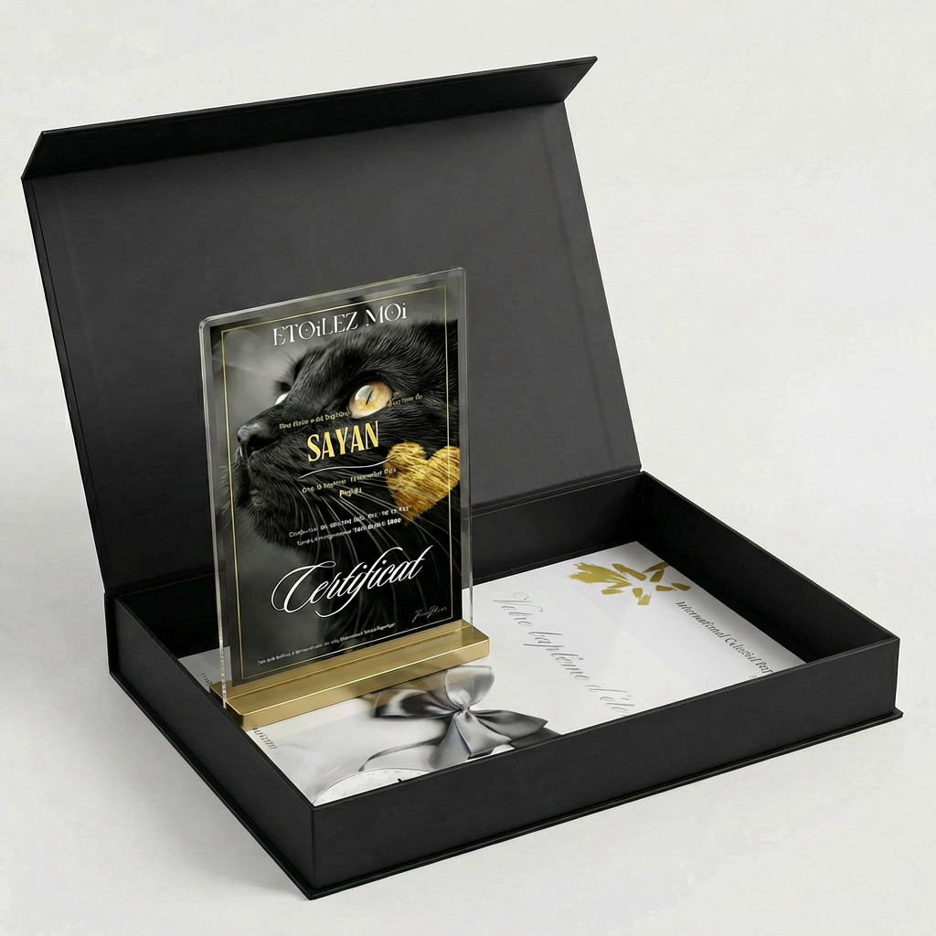 Coffret noir ouvert avec le certificat d'étoile en verre d'un chat et la pochette au ruban gris