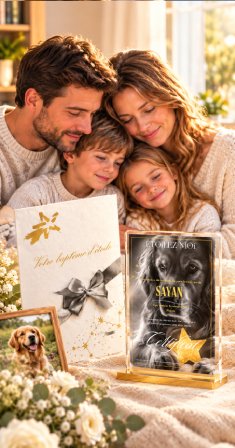 Famille blottie autour de la pochette et du certificat d'étoile de leur chien, près de sa photo