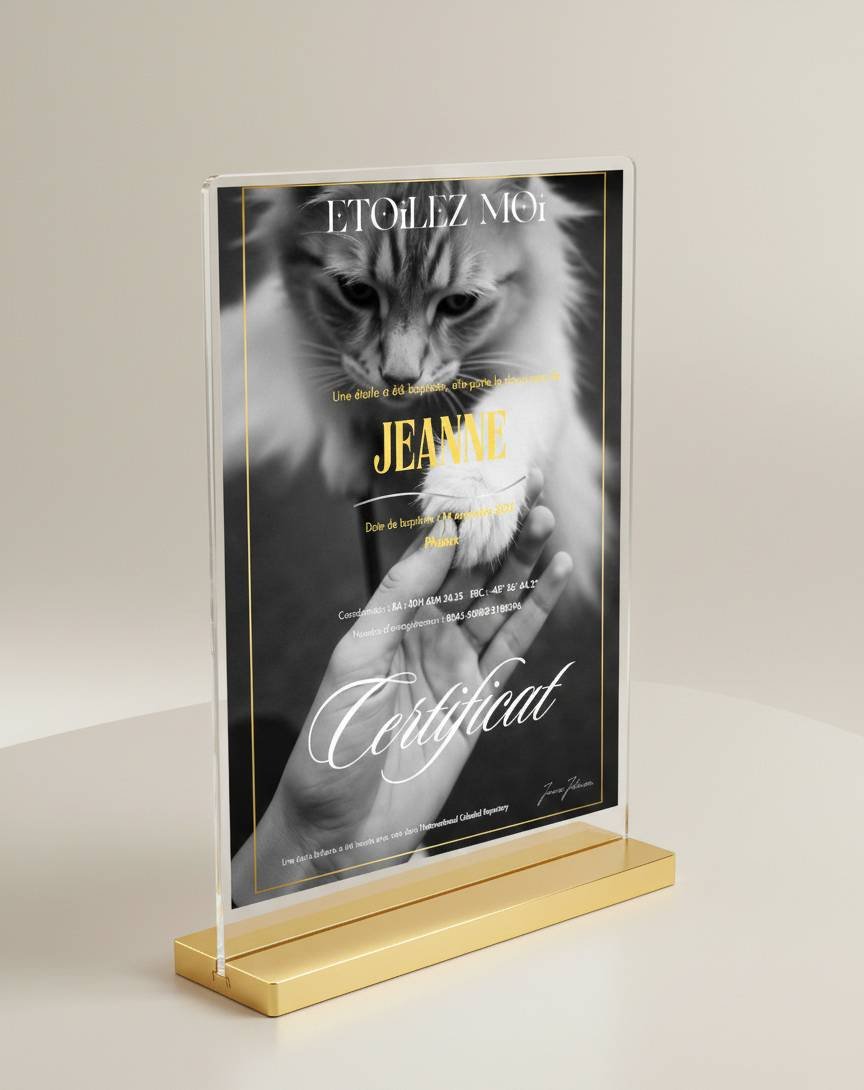 Certificat d'étoile en verre sur socle doré, illustré d'un chat et de la main de son maître