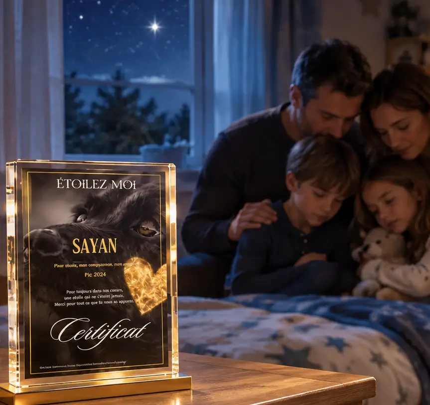 Famille blottie un soir près du certificat d'étoile illuminé de leur animal