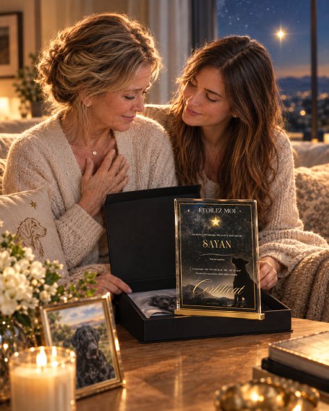 Mère et fille émues devant le coffret ouvert et le certificat d'étoile de leur chien, près de sa photo