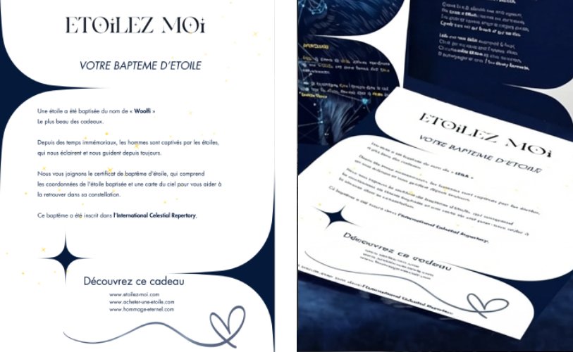 Lettre d’accompagnement du coffret de baptême d’étoile