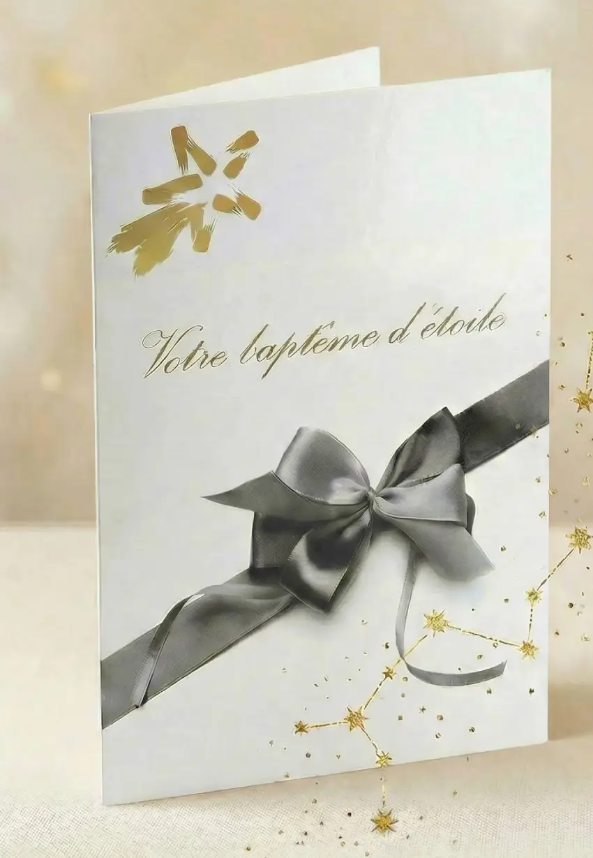 Pochette blanche « Votre baptême d'étoile » fermée par un ruban gris