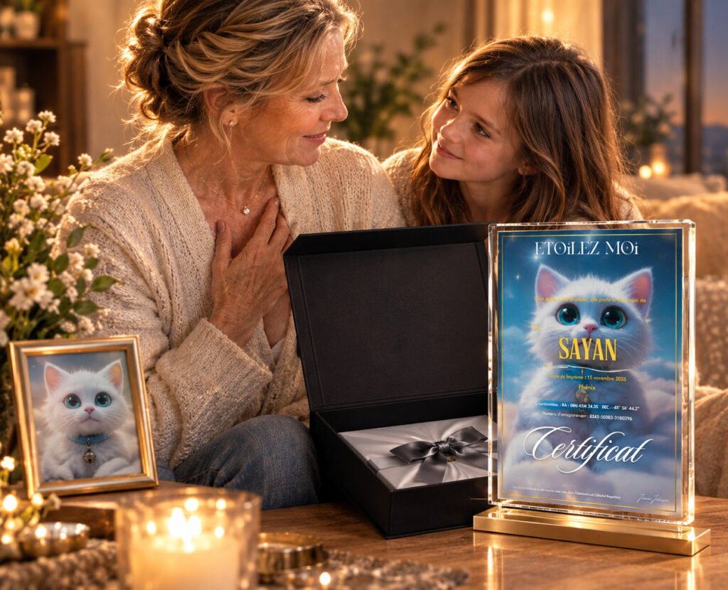 Mère et fille émues devant le coffret et le certificat d'étoile de leur chat blanc