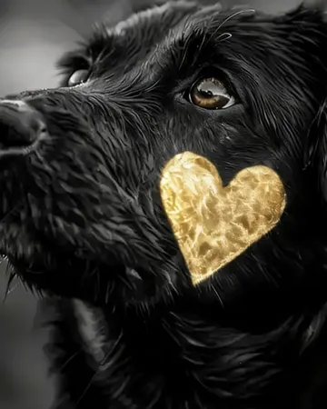 Un chien noir tourné vers la lumière, un cœur doré posé sur sa joue