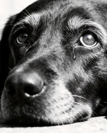 Chien noir allongé, le museau posé sur ses pattes, en noir et blanc