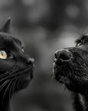 Un chat noir et un chien noir face à face, en noir et blanc