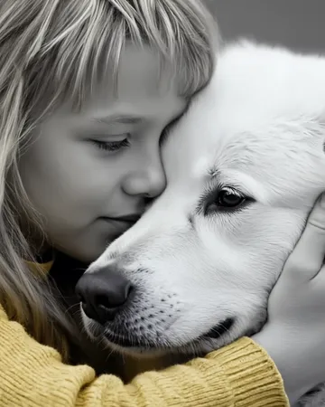 Une fillette serre son chien blanc dans ses bras, en pull jaune