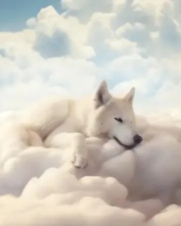 Un chien blanc endormi sur un lit de nuages